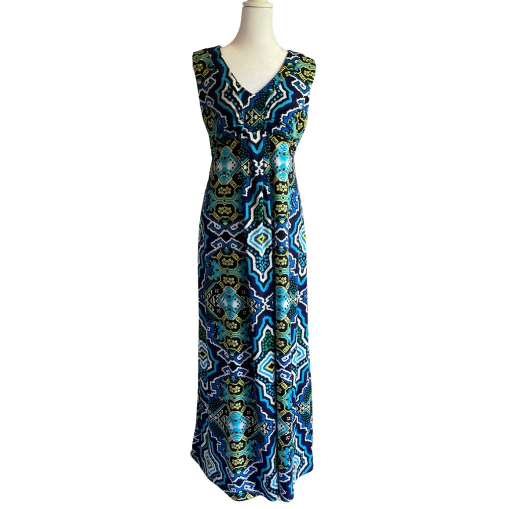 Chicos Maxi Dress Empire Waist Sleeveless Tropical Medallion Size 1 Y2K Babydoll